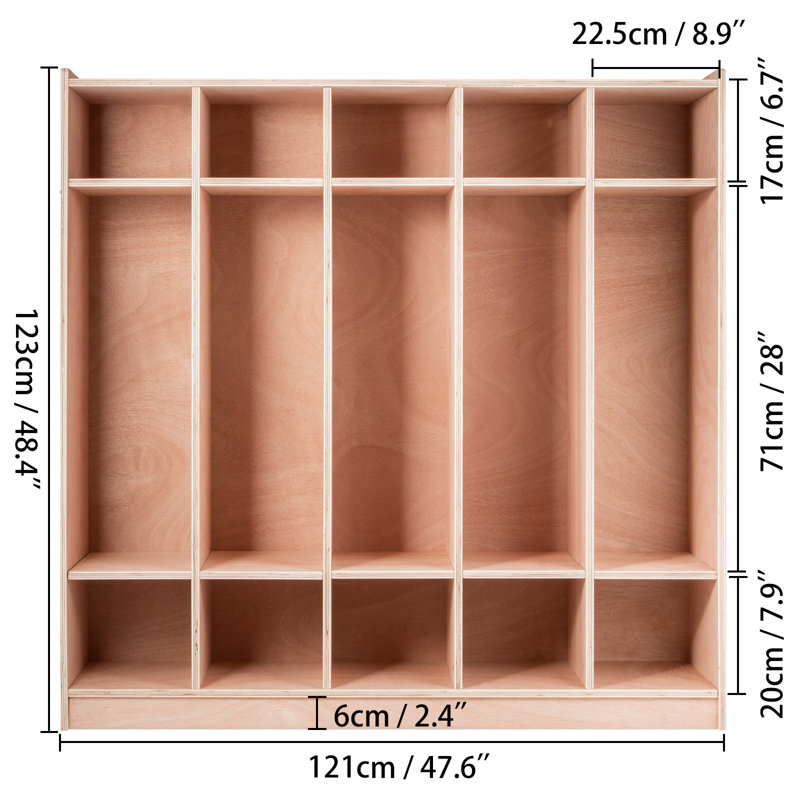 Natural Birch Plywood 5-Section Preschool Coat Locker with Storage Bins