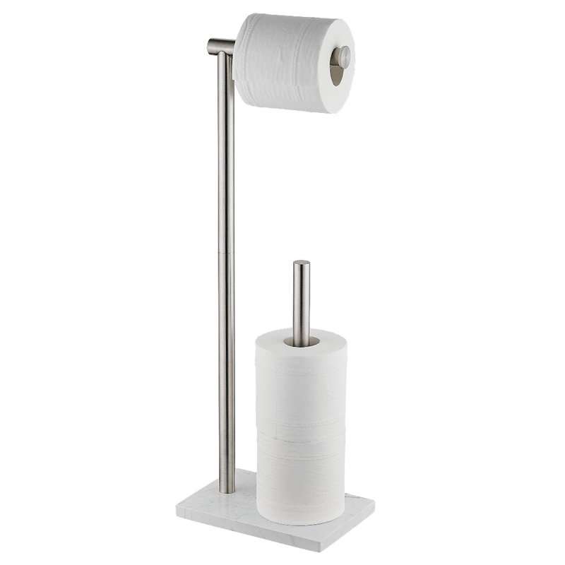 Porte-papier hygiénique sur pied avec réserve pour salle de bain avec base en marbre naturel lesté, Argent