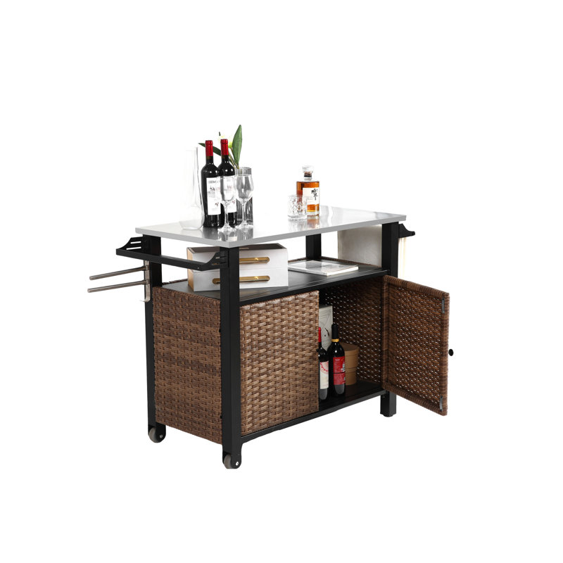 Outdoor Kitchen Storage Cabinet With Stainless Steel Table Top And Wheels For Patio Garden, Brown Large Island Cart Cabinet,