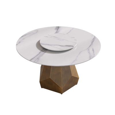 Table de salle à manger ronde en marbre artificiel avec plateau tournant en pierre artificielle et base en métal (table de salle à manger seulement)