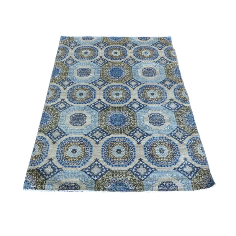 Tapis oriental mamelouk géométrique bleu noué à la main 5 pi 1 po x 6 pi 8 po CC286A6953B743408711F664C82A06EB