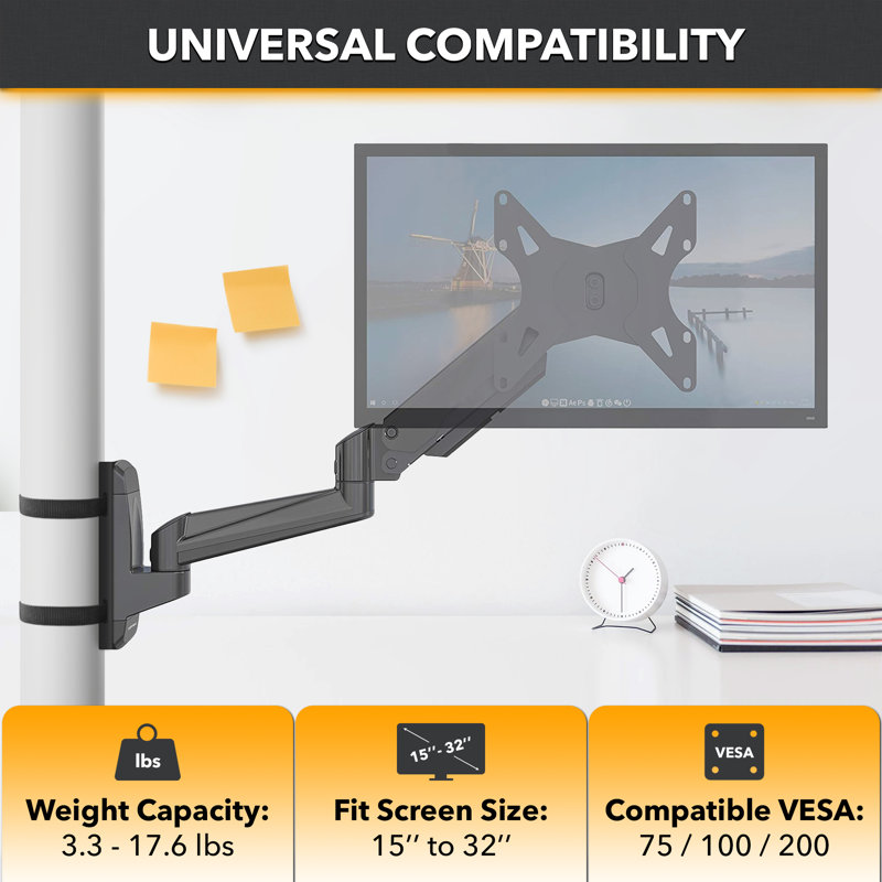 CondoMounts NO Drill Full Motion Pillar/WorkBench Monitor Mount,Holds 18lbs,Up to 32" Monitor, Black