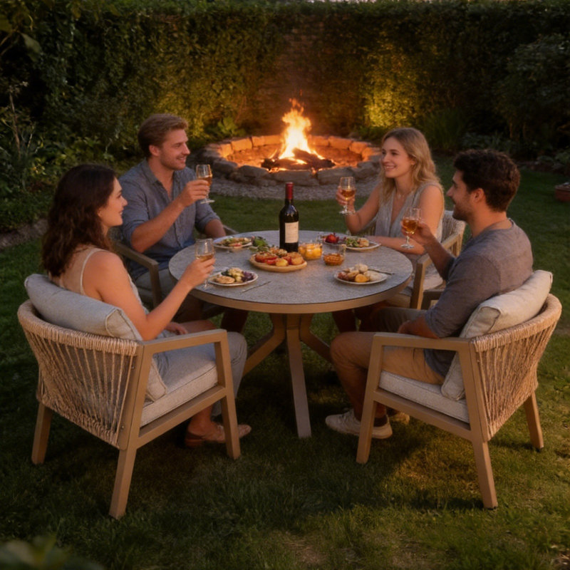 Round Patio Dining Set with Cushions included, Neutral, 4