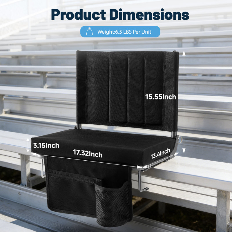 17.3" Portable Folding 400 lbs Capacity Cushioned Stadium Seat, Black, 1