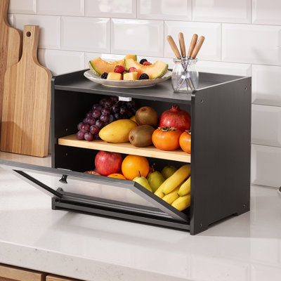 Bread Box for Kitchen Counter Bamboo Wood Storage Container Black, for Homemade Bread, Under Cabinet, and Pantry, Double Layer Farmhouse Breadbox Bin, with Acrylic Door Panel and Air Vents