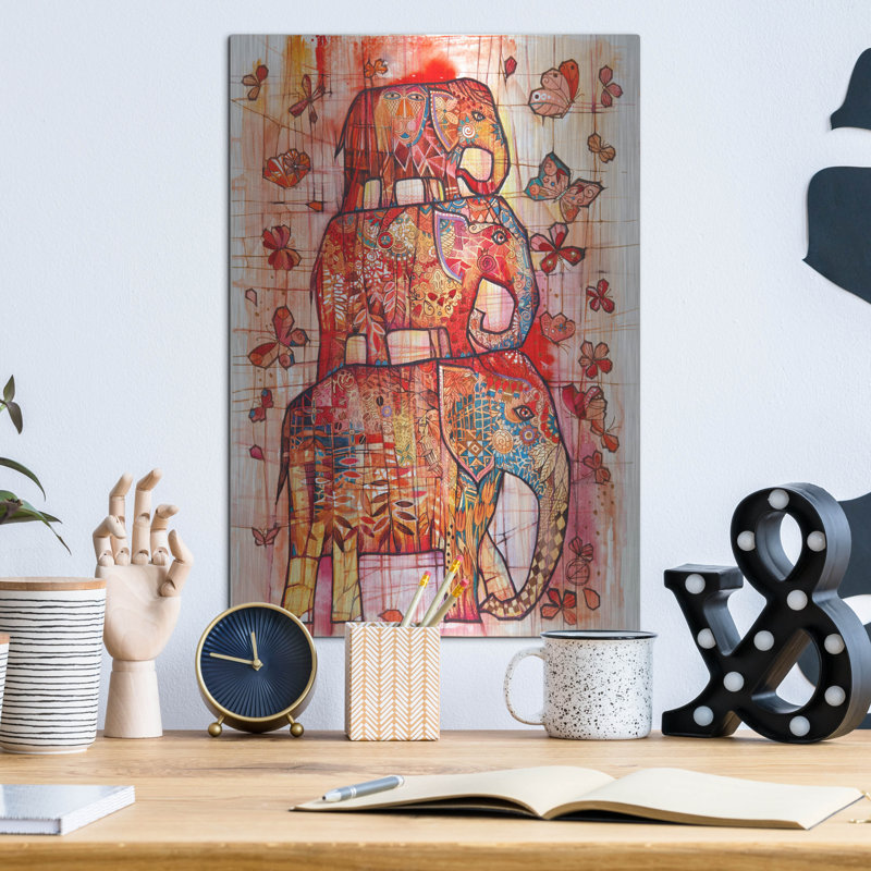 «Red Elephants» par Oxana Zaika, art mural en métal Red Barrel Studio®, H 16 po x l 12 po