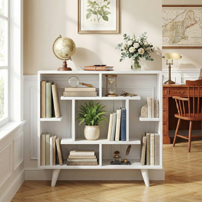 Bibliothèque moderne autoportante géométrique, équipée d'un ensemble de sécurité anti-basculement et de tablettes de rangement ouvertes multifonctionnelles, convient au salon, au bureau et à la maison
