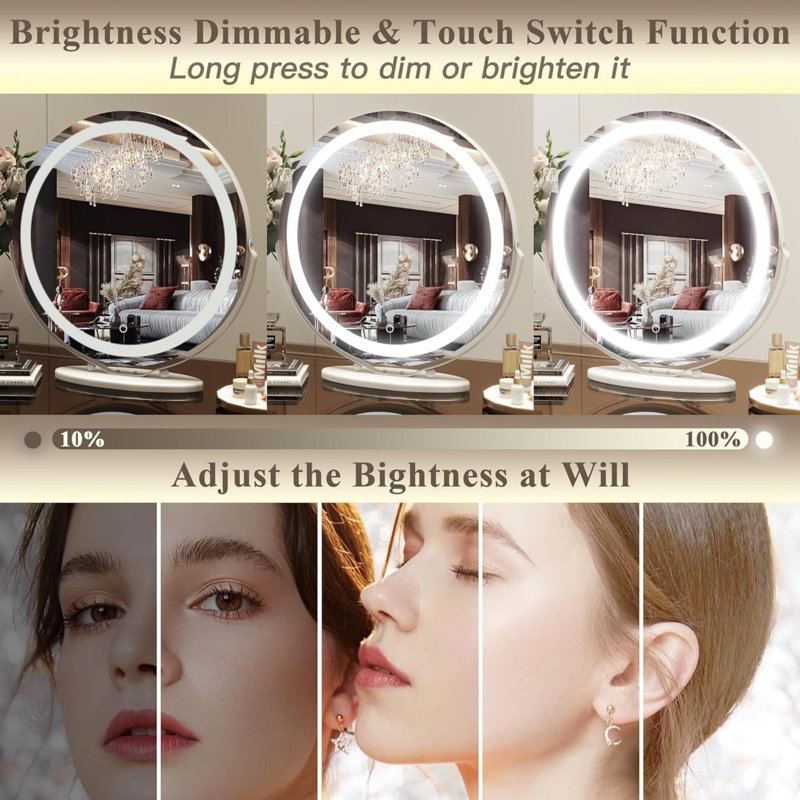 Jimya Stepless Dimmable Round LED Desktop Mirror with 360° Swivel, White