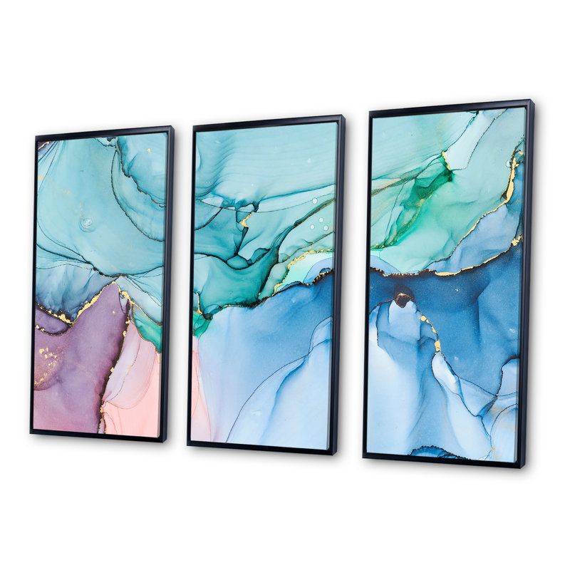 «Green and Blue Tender», art liquide sur toile, ensemble d'art moderne encadré sur toile, H 28 po x l 36 po x P 1 po, Noir
