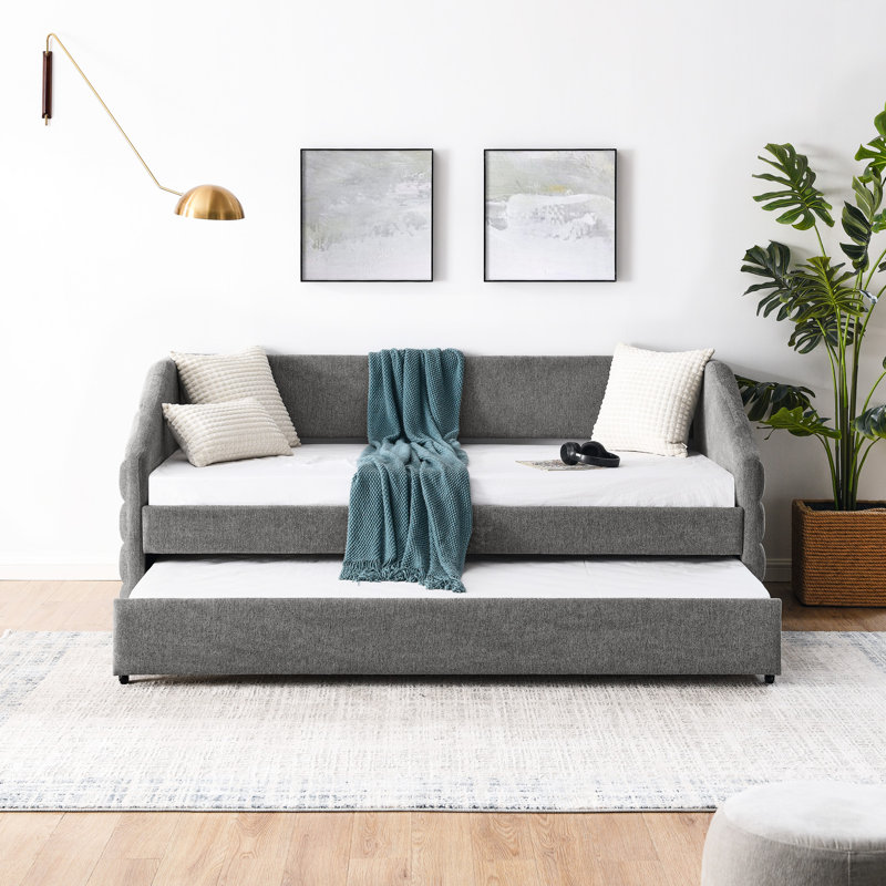 Lit de jour simple en lin gris avec lit gigogne et lit gigogne polyvalent, Lit simple, Gris