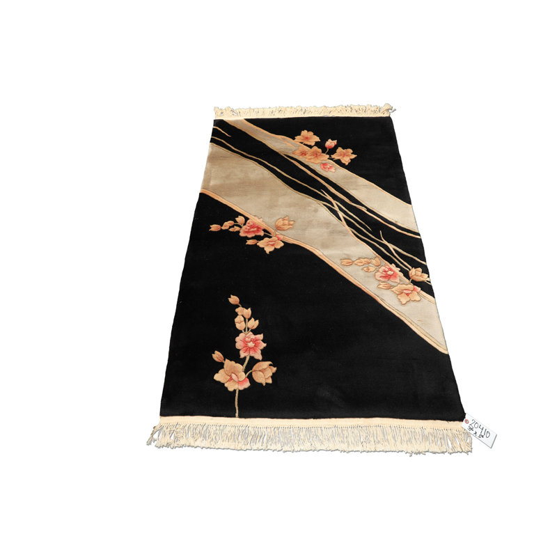 Tapis floral transitionnel art déco noir et gris en laine noué à la main 3 pi 6 po x 5 pi 6 po