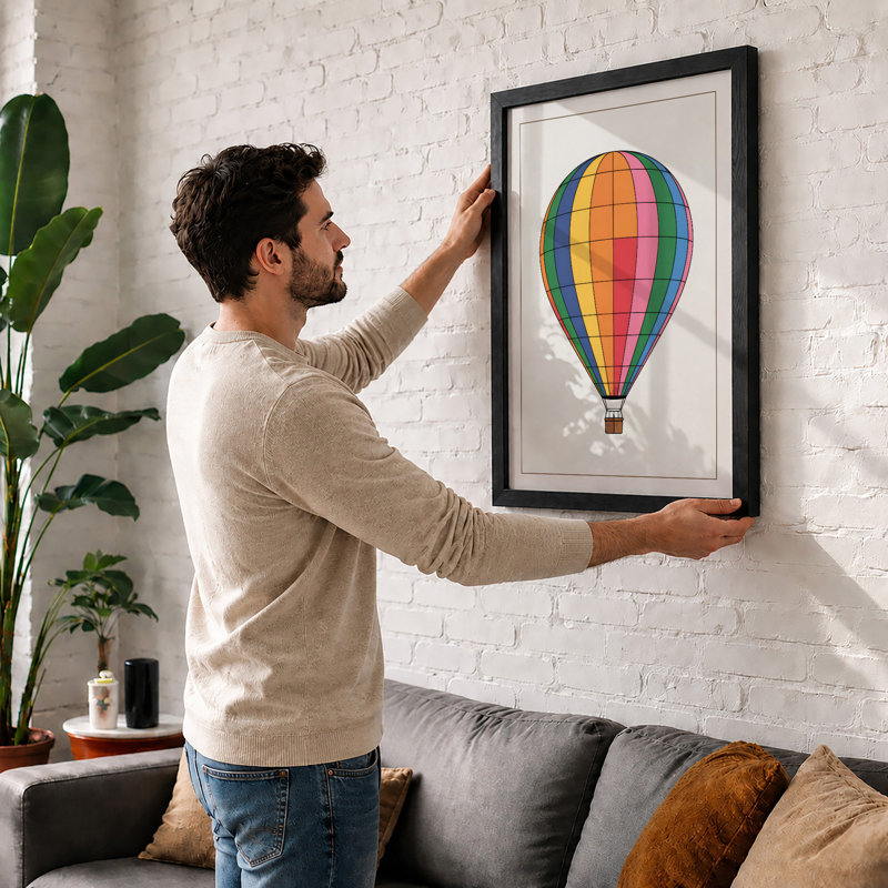 Geometric Hot Air Balloon Retro - Framed Print, A1 - 84.1 x 59.4 cm, Walnut