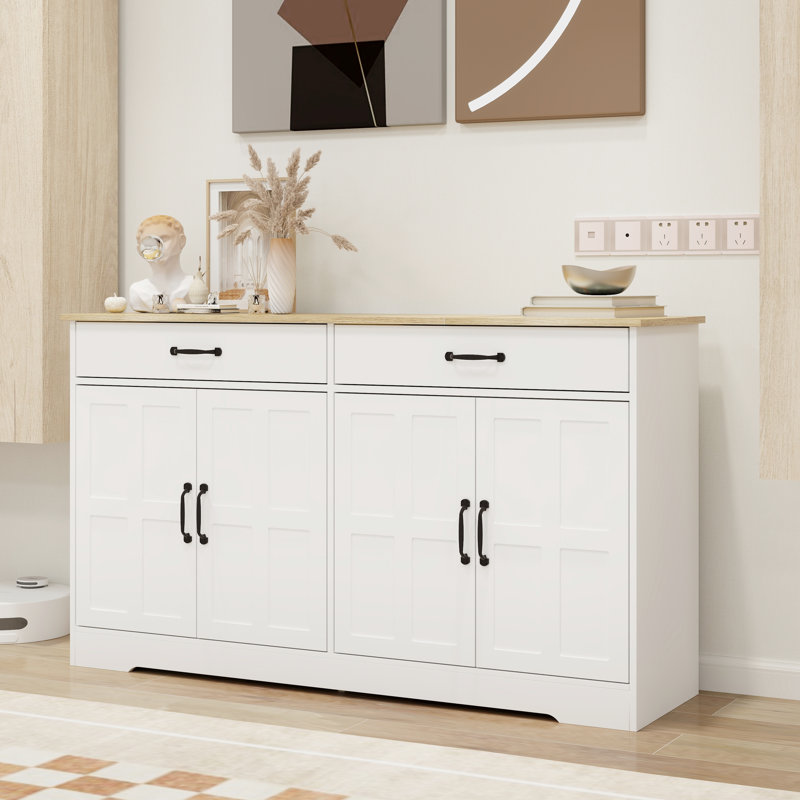 Buffet, armoire de 56,81 po de large, blanc. 2 tiroirs et 4 portes pour la salle à manger et la cuisine. Buffet blanc à texture de grain de bois, portes. Maison polyvalente. Fiable