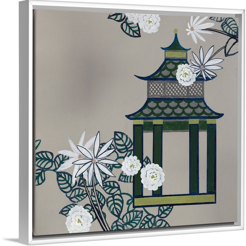 « pagode i », peinture sur toile, Cadre flottant blanc, H 31,7 po x l 31,7 po x p 1,75 po