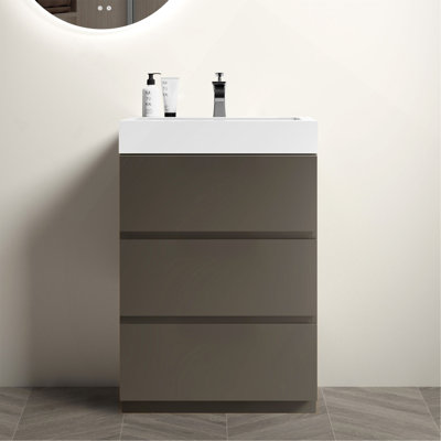 Meuble-lavabo autoportant de 24 po avec lavabo, grand meuble-lavabo autoportant pour salle de bain moderne, lavabo une pièce blanc sans drain ni robinet, pré-assemblé