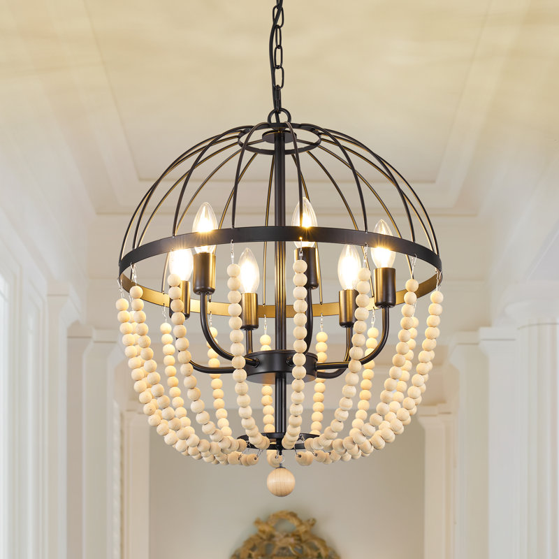 Lustre de ferme en bois perlé à 6 lumières avec cadre en fer Nedek, Noir mat