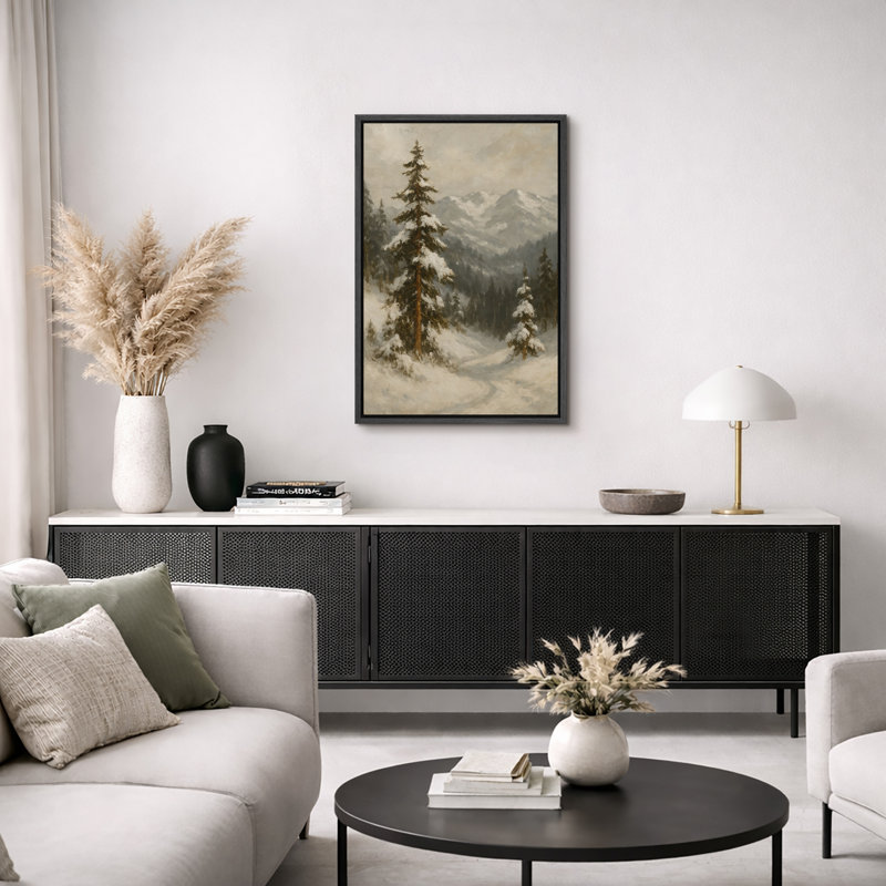 «Snowy Pine Forest Mountain Landscape Decor», reproduction d'art sur toile encadrée., Structure noire, H 24 po x l 16 po