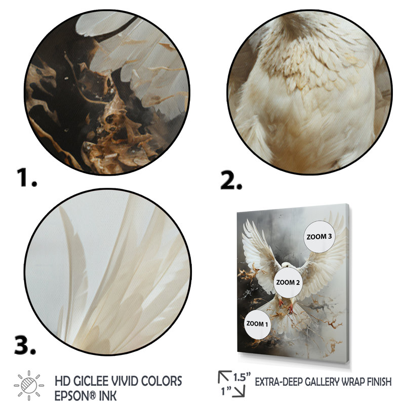 Art mural blanc avec ailes de colombe blanche, Cadre flottant noir, H 32 po x l 16 po x P 1 po