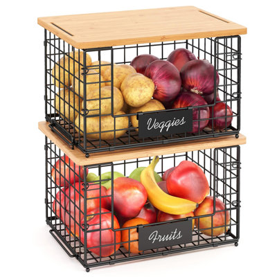 2 Pack Stackable Wire Baskets With Bamboo Top For Pantry Organizers And Storage, XXL Kitchen Organization Counter Basket
