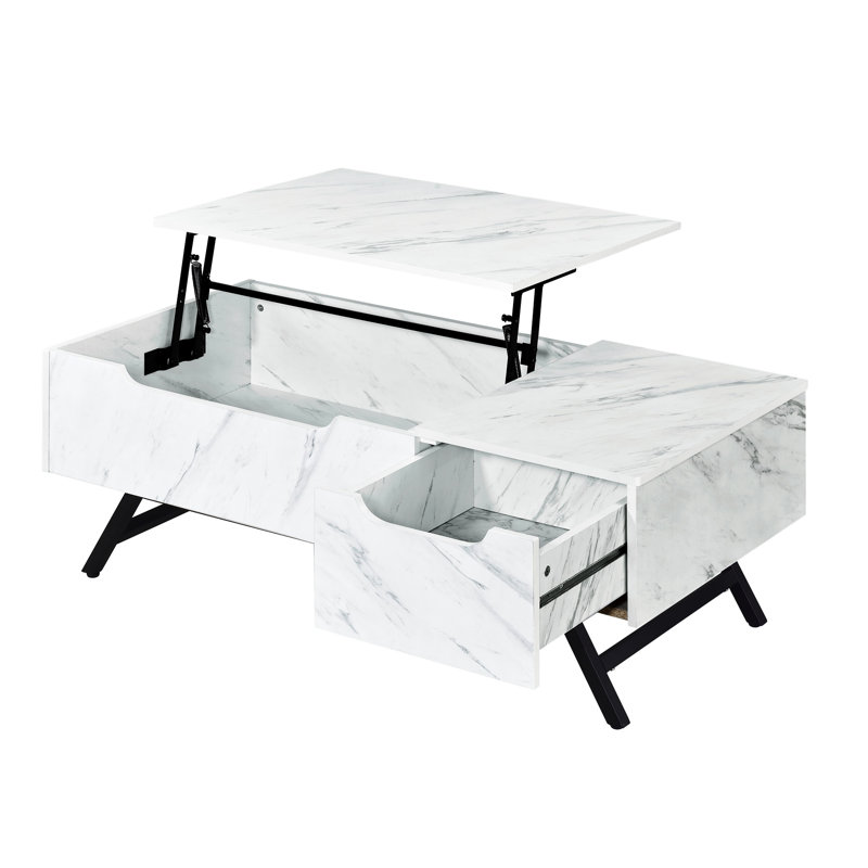 Table basse à plateau relevable blanc avec finition en faux marbre, pieds évasés en métal et rangement caché, 72 lb, tiroir rectangulaire pratique pour les maisons modernes, tiroir à quincaillerie à découpes de 24 po de hauteur