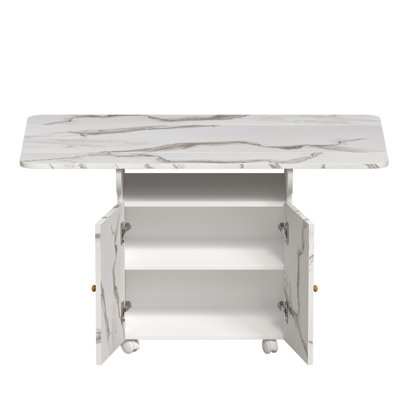 47" Wood Folding Dining Table With Storage Rack And Cabinet, Removable Entryway Table With 6 Wheels, White Marble Color Kitchen Island, Side Table And Coffee Table Versatile Table Space Saving