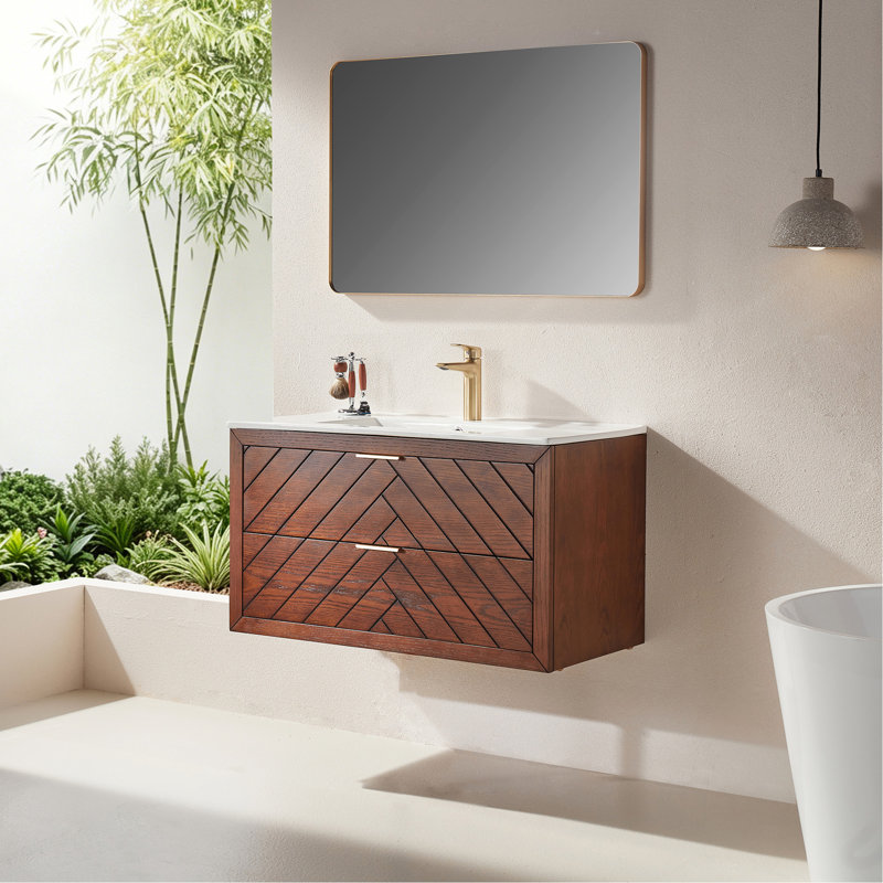 Meuble-lavabo mural simple flottant pré-assemblé de 36 po avec comptoir en céramique à 1 trou