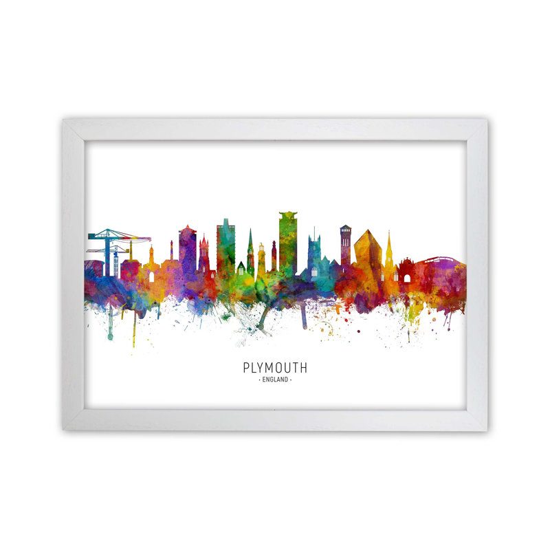Plymouth England Skyline by Michael Tompsett - Print, 64cm H x 88cm W x 3cm D, White Framed