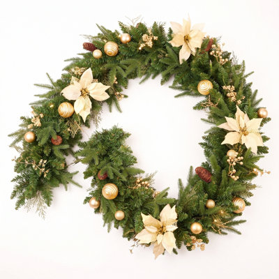 Guirlande de Noël artificielle, 180 cm (70,86 pouces) de vigne de pin d'hiver avec poinsettias crème, boules de Noël dorées, pommes de pin et baies, décor végétal pour foyer, arche, rampe d'escalier, intérieur.