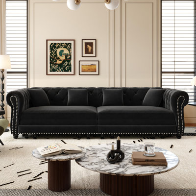 Canapé-lit Chesterfield de 89 po en velours avec très grand lit, canapé-lit convertible avec 4 coussins, noir