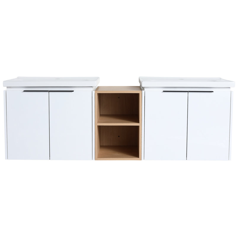 Ensemble de meuble-lavabo mural 60 po avec tablettes et lavabo en céramique