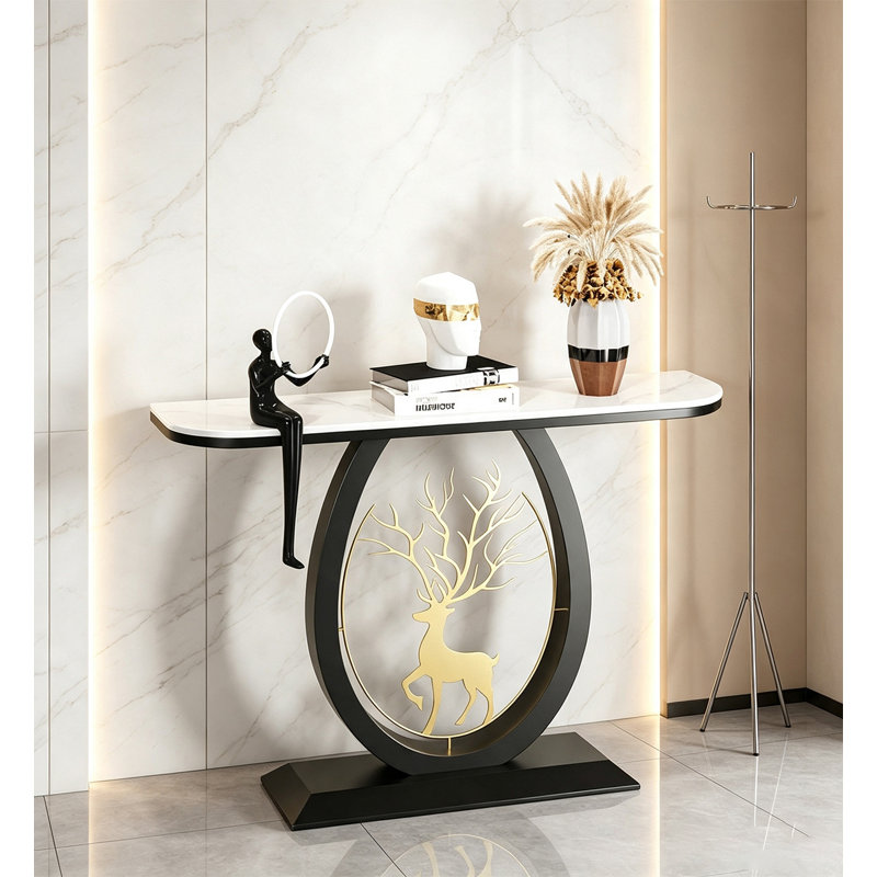 Table de salle à manger décorative moderne en pierre, H 31,5 po x l 39,37 po x P 11,81 po, Blanc/Noir, Noir