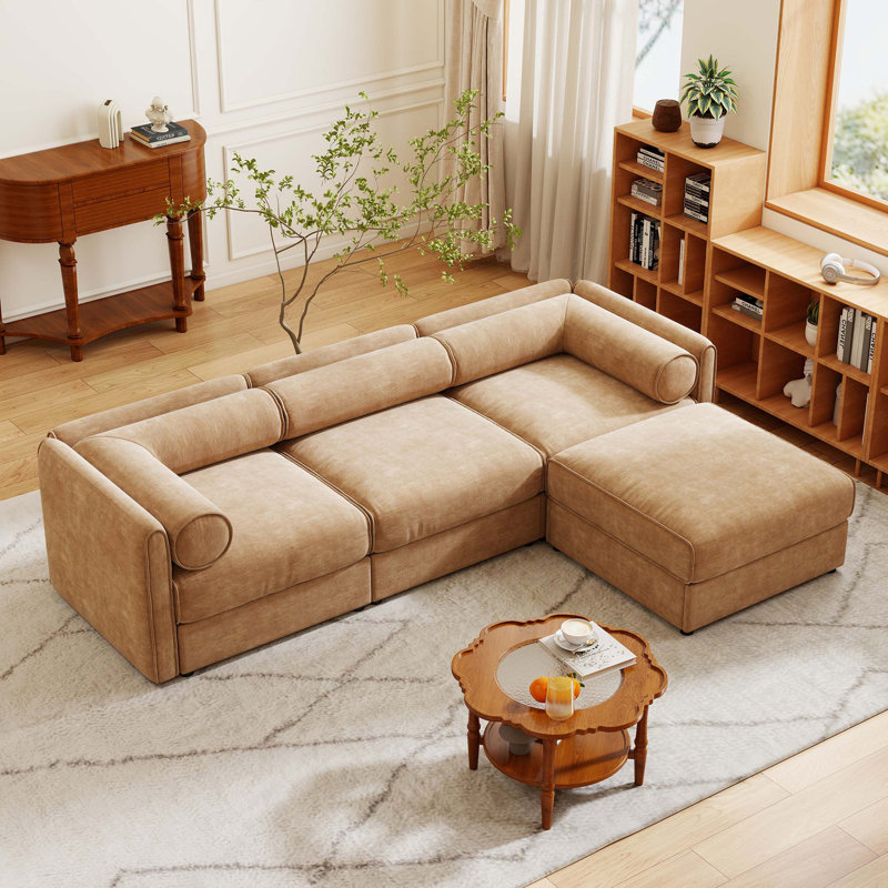 Élégant canapé en chenille avec siège de rangement et repose-pieds, dossier cylindrique en forme de L à 3 places et accoudoirs, canapé contemporain en tissu à 3 places avec compartiment de rangement caché