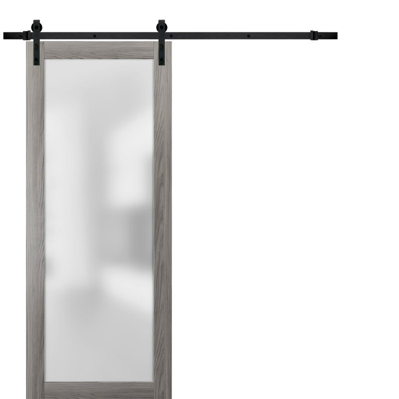 Porte de grange robuste en verre trempé dépoli Planum 2102 Ginger Ash 6,6 pi, rails noirs, quincaillerie robuste, portes intérieures modernes à panneaux pleins - 30 po x 96 po - Rail noir