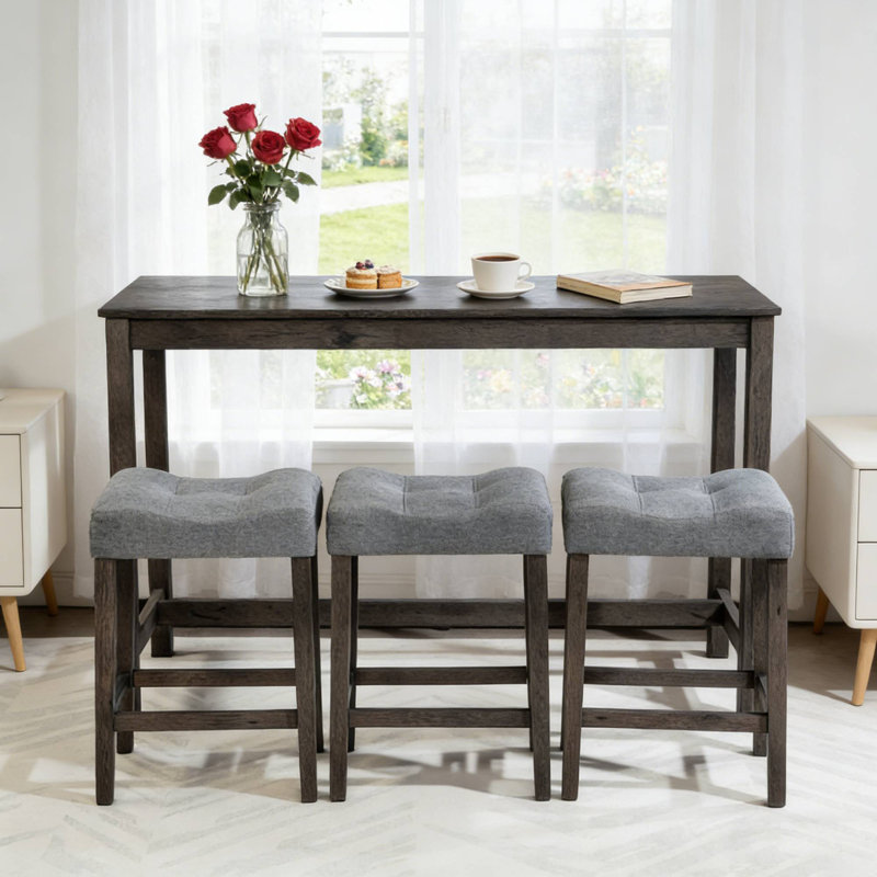 Streamlined Dark Grey 4-Piece Bar Table Set, 3 Padded Stools With Power Outlet For Den Living Room Home Bar, Dark Grey
