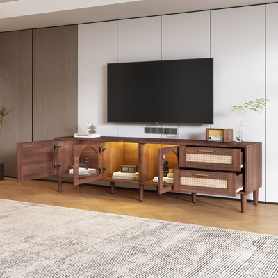 Meuble télé 70 po pour téléviseur de 80 po ou moins, meuble audio-vidéo avec lumières à DEL contrôlées par une application, 2 tiroirs et porte vitrée, console multimédia moderne pour le salon