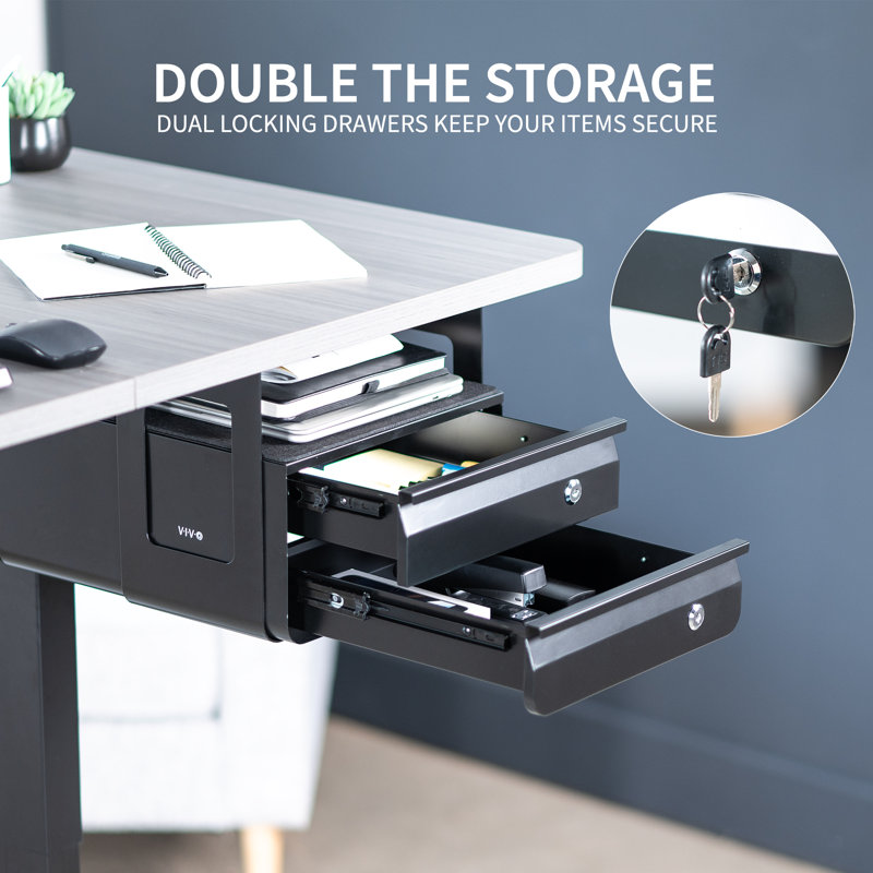 Black Steel Under Desk Lockable Double Drawer Storage Organizer