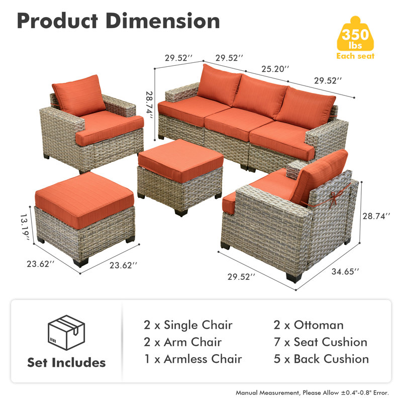 Outdoor Furniture 7 Pieces Set With Ottoman, Orange