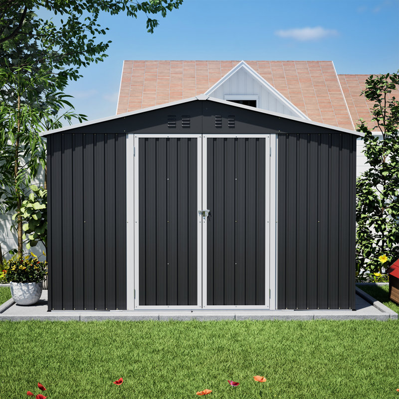 Remise de rangement extérieure en métal 10 x 10 pi, noire, structure robuste, portes doubles verrouillables, toutes saisons pour cour, pelouse et patio, outils spacieux, toit imperméable et incliné avec ventilation coulissante