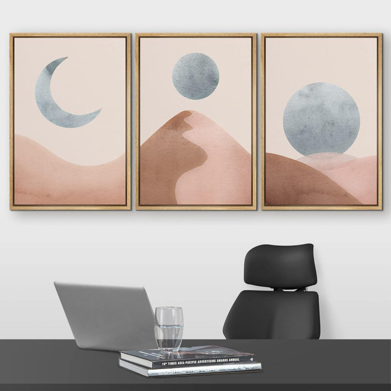 Abstract Mountain " Pastel Moon & Sun Desert Landscape Abstract Nature Modern Art Decor Panorama Pictures " 3 - Pieces