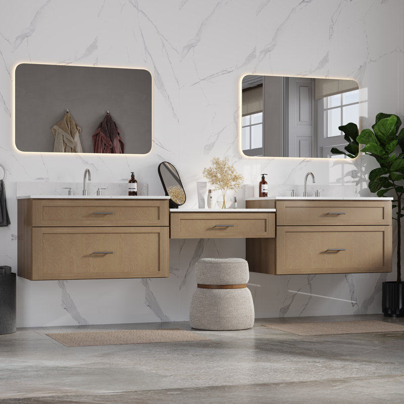 Meuble-lavabo mural flottant double 102 po avec comptoir en quartz Carrara, Chêne naturel