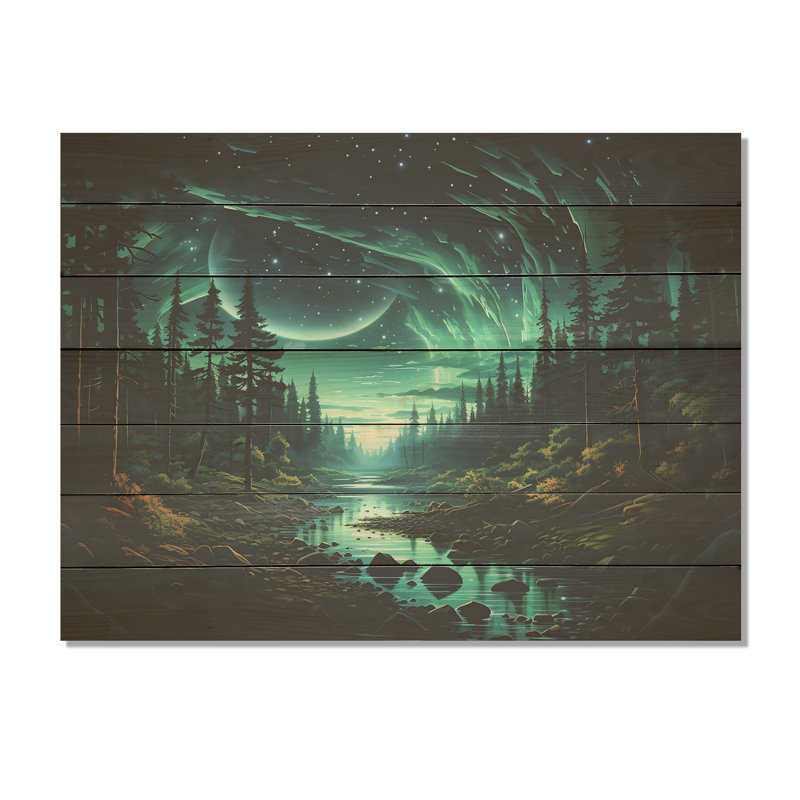 Northern Lights Forest Dreams I - Forêt et rivière sur bois, H 30 po x l 40 po x P 0,78 po