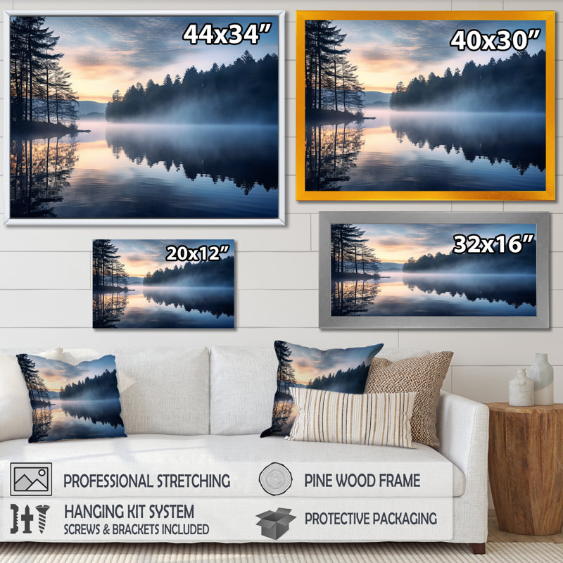 «Morning Mist Sunrise by the Lakeside», reproduction sur toile, H 16 po x l 32 po x P 1 po, Cadre flottant noir