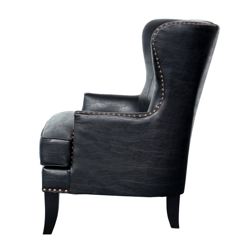 Giambrone Faux Leather Wingback Chair, Black Faux Leather