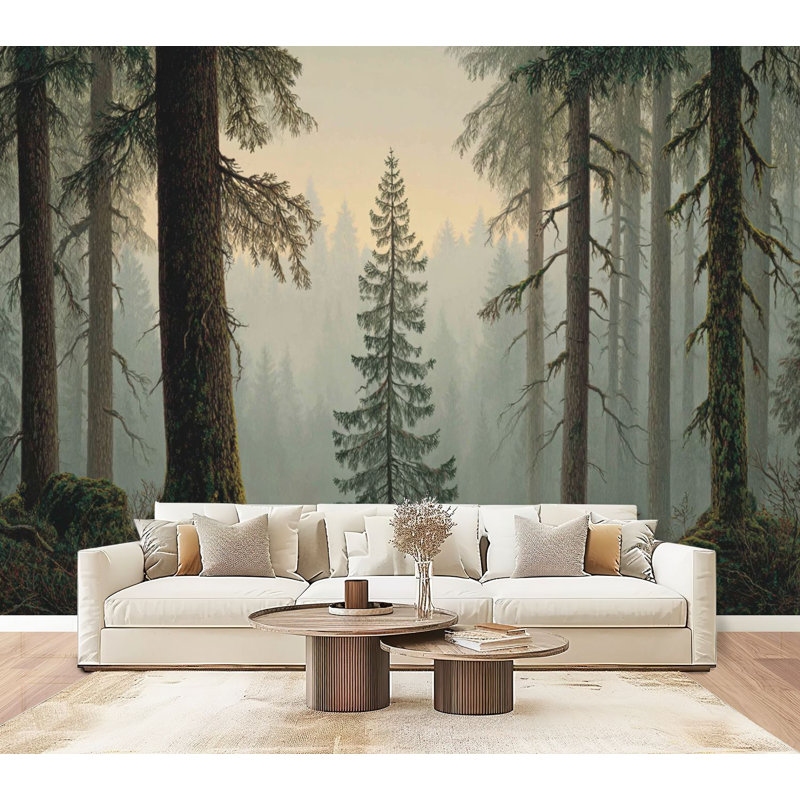 Papier peint auto-adhésif Farmhouse Rustic Misty Woodland Landscape, L 96 po x l 69 po
