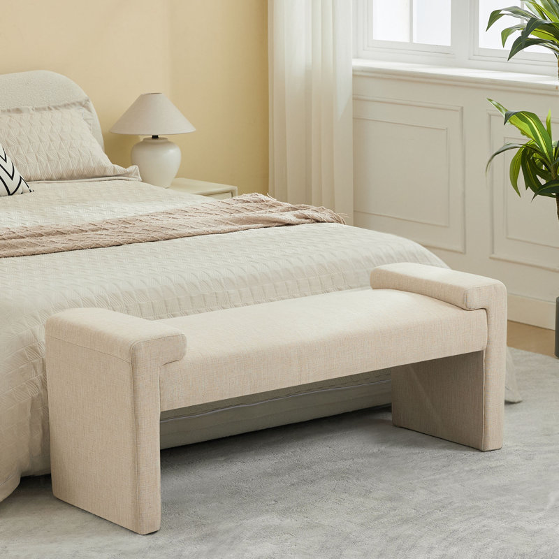 43.3" W Upholstered Bedroom Bench, Tan Linen, 19.6" H x 43.3" W x 17.3" D