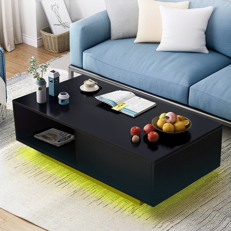 Rectangle High Gloss Coffee Table With Drawer, Sofa Side Central Table With 16 Colors Led Light, Black