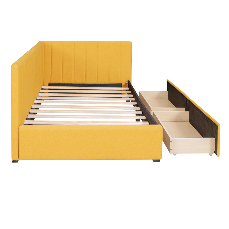 Cadre de lit minimaliste, lit de jour rembourré avec 2 tiroirs de rangement, cadre de lit pour la maison, Yellow