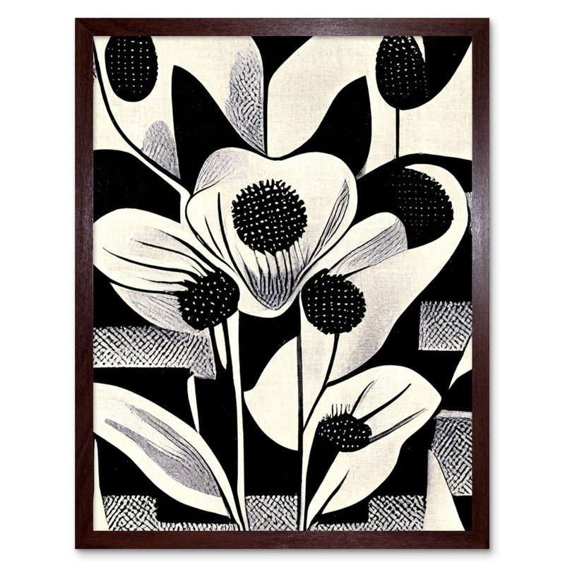 Monochrome Abstract Retro Flower Pattern - Print, Brown Framed Paper, 25.9cm H x 20.6cm W