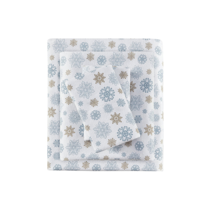 Ensemble de draps 100% coton Cozy, Ensemble de draps pour grand lit avec 2 taies d'or, Flocons brun clair / bleu