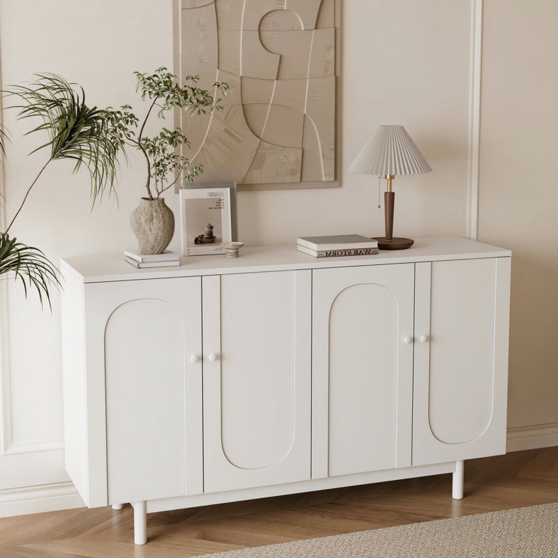 Armoire contemporaine 4 portes avec tablette réglable en taille-douce - blanc pour les espaces de vie, pieds en pin, poignées en bois massif pour la chambre, la chambre à coucher, la cuisine
